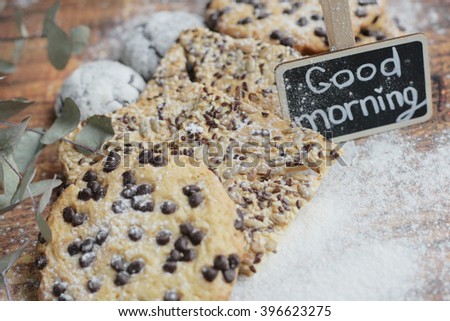 Good morning. Instagram morning.  Morning cookies. Sweet flour morning. hello. hello sweety. Good morning chalkboard. Cookies on the wooden background. Your text  for morning.