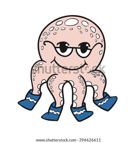 Cartoon doodle octopus wearing boots and glasses. 
