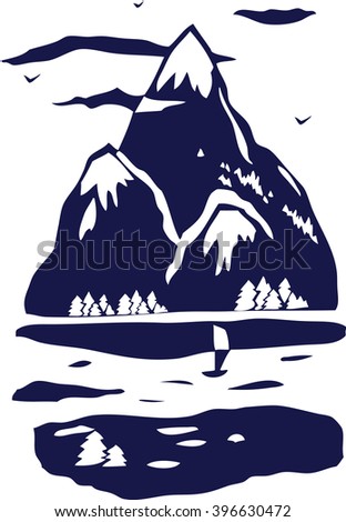 Illustration of silhouette of the mountains dark blue colour with a sailing ship