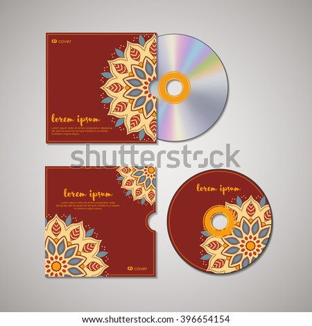 CD cover design template with floral mandala style. Arabic, indian, pakistan, asian motif. Vector illustration under clipping mask.