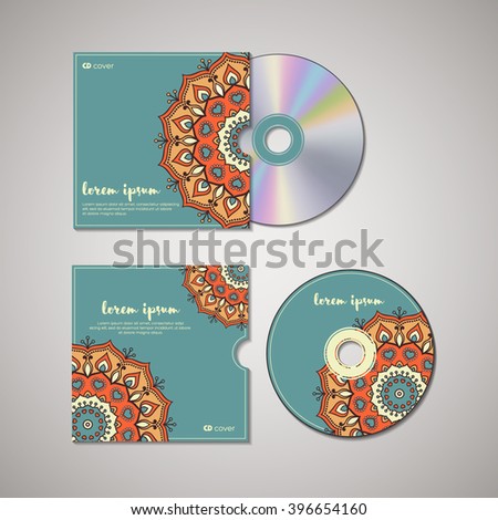 CD cover design template with floral mandala style. Arabic, indian, pakistan, asian motif. Vector illustration under clipping mask.