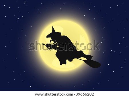 A witch flying on its broomstick