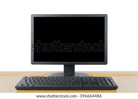 black monitor with keyboard on desk office with white background