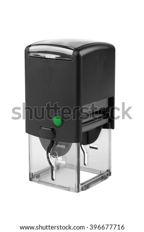 Automatic plastic hand stamp square shape. With the green button. Isolated on white background.