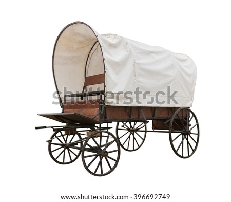Covered wagon with white top isolate on white background Royalty-Free Stock Photo #396692749