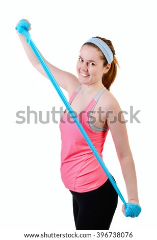 Fit young woman doing workout with physio latex tape. isolated on a white background