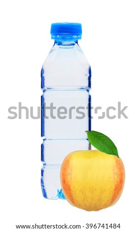 Blue plastic bottle of water and yellow apple isolated on white background