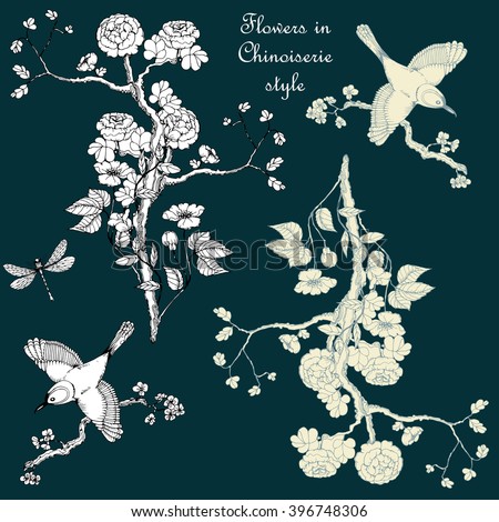 Set in the chinoiserie style with peonies, dragonfly and bird on   green background for wedding, scrapbooking, wallpaper and other design.