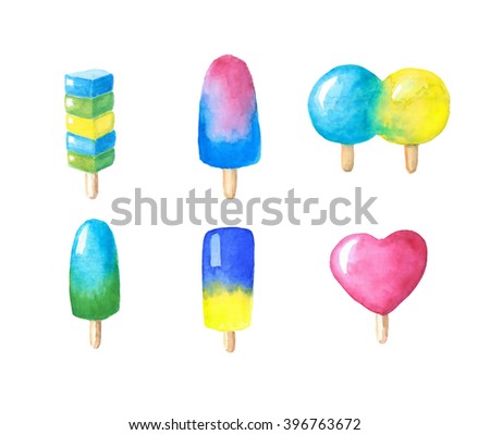 Watercolor ice cream lollipops hand-painted set of clip art elements, icecream lollipop on wooden stick, hand-painted watercolors icecream, summer dessert painting, set of isolated lollipop