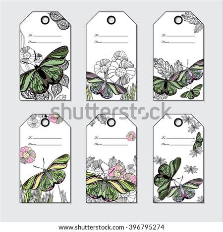Vector illustration of set hand Floral gift tags with butterfly. Hand drawn graphic line card With Love.