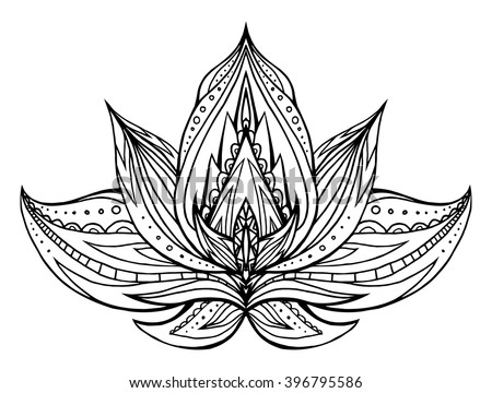 Outline Lotus with boho pattern. Vector element for spa centers, yoga studios. Hand drawn. Doodle elements for your design. Coloring for adults