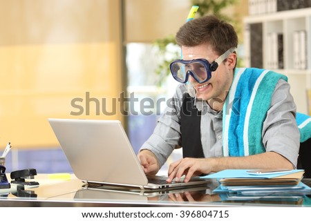 Businessman working on line or searching travel destinations with goggles needing vacations at office Royalty-Free Stock Photo #396804715