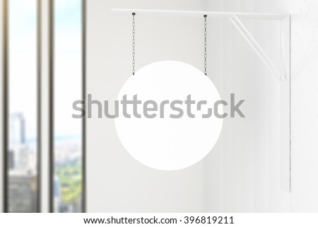 Circular stopper hanging inside white building. Mock up, 3D Render