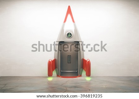 Success concept with open door of rocket elevator. 3D Render