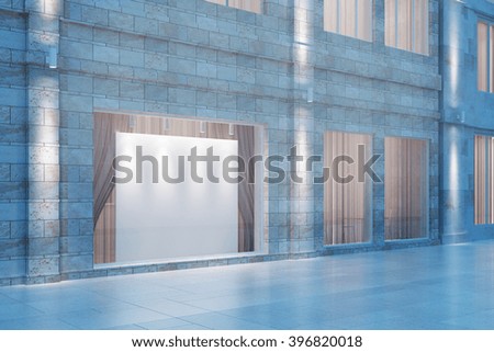 Shop window with a white empty billboard at evening, mock up, 3D Render