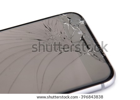 Smart phone with broken display on white background