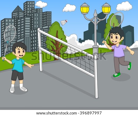 Children playing badminton on the street cartoon image illustration