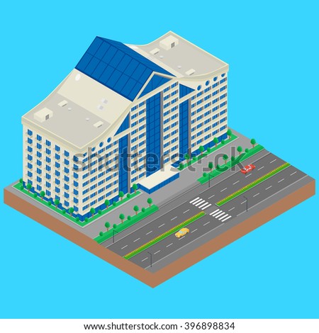 Vector illustration. Building modern hotel on a city street. The road with cars. Infographics, isometric.