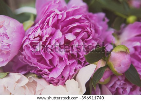 Close Up of Bouquet of Pink and White Peonies 