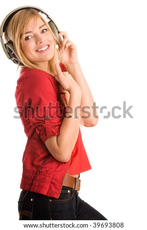 Young woman listening to music giving thumbs up isolated on white background