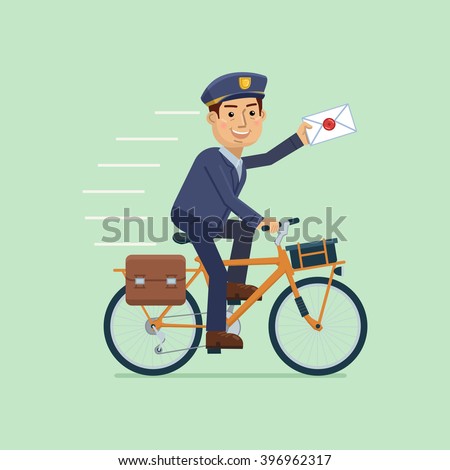 Illustration of a postman riding bicycle and delivering mail. Cheerful carrier with letter. Mail delivery service. Simple style vector illustration Royalty-Free Stock Photo #396962317