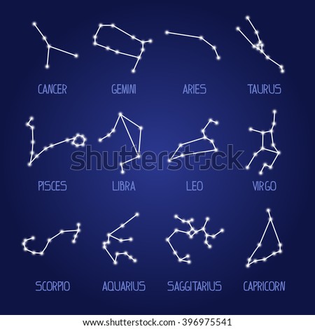 All constellation of zodiac signs. Stars horoscope set. Aries, Taurus, Gemini, Cancer, Leo, Virgo, Libra, Scorpio, Sagittarius, Capricorn, Aquarius, Pisces