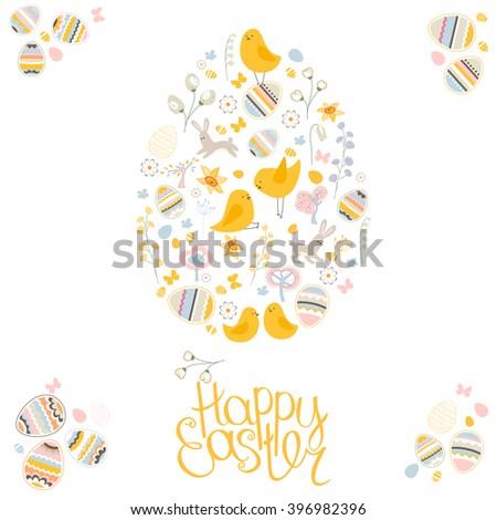 Spring template. Phrase Happy Easter. Painted eggs, spring flowers,daffodils and chickens. Objects for your design, festive greeting cards,  announcements, posters.