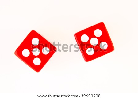 2 Dice close up - showing the numbers 5 and 5 isolated on white background