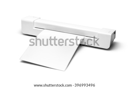 White laminator with a white sheet of paper isolated on a white background. Clipping path included
