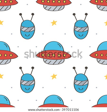 Cute and colorful space doodles seamless pattern background with aliens and flying saucers.