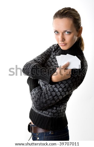 Young woman holding a blank cards