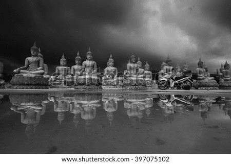 Buddha reflections.Measure Thung Yai.Process black and white ton.Process by photoshop.