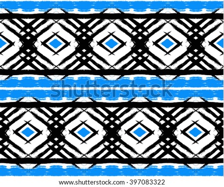 Unusual vector painted seamless pattern, brush strokes. Grunge geometric background. Distress texture rhombus. White, black and blue cross striped design elements. Wallpaper, fabric print, furniture.