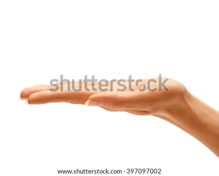 Woman's hand sign isolated on white background. Palm up, close up.