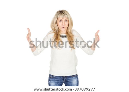 Happy smiling beautiful young woman making his hands the size. emotions, facial expressions, feelings, body language, signs. image on a white studio background. lifestyle concept