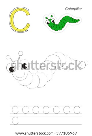 Vector exercise illustrated alphabet. Learn handwriting. Page to be traced. Complete english alphabet. Tracing worksheet for letter C