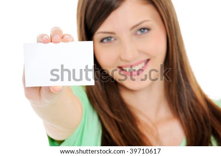 High angle view of happy woman showing the blank business card in hand