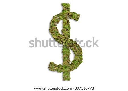 Dollar symbol made from moss. isolated on white background