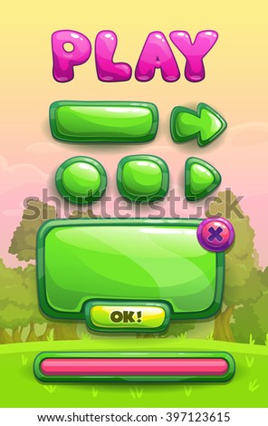 Cute cartoon game assets set, green glossy buttons, panel and progress bar for GUI design on park landscape background