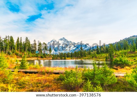 scenic view of mt Shuksan when sunset with reflection in the water,Washington,USA.