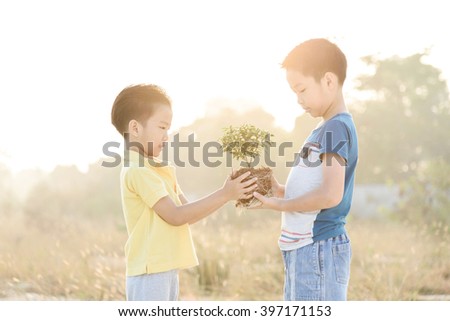 Warm tone. Selective focus on hand, Two asian boy holding young seedling plant in hands during sun rise. Concept Earth day