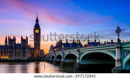 Beautiful sunset over the London skyline, overview of The House of Parliament and Westminster Bridge form Southbank of the Thames River. London, United Kingdom.