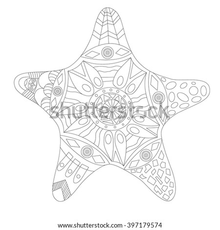 Black and white doodle style starfish. Vector illustration.