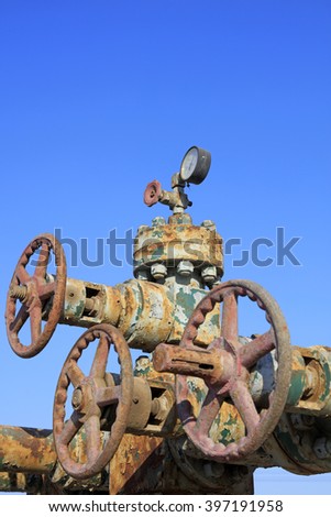 Oil pipeline control handwheel and pressure gage, closeup of photo
