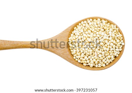 Raw white quinoa seeds in wooden spoon isolated on white background, Clpiing path. Royalty-Free Stock Photo #397231057