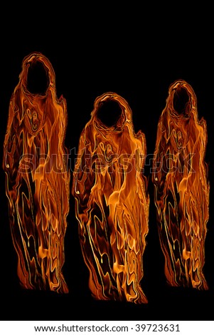 Three Orange Halloween Ghosts or Ghouls isolated on a black background.