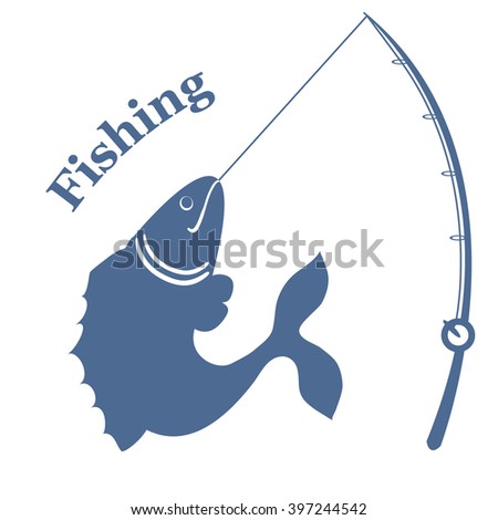 Stylized icon with big fish caught the rod and an inscription: "Fishing" on a white background