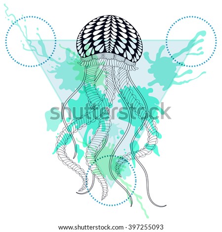 Zentangle stylized Jellyfish in triangle frame with watercolor ink drop. Hand Drawn doodle vector sea Jelly illustration. Sketch for tattoo or makhenda. Hipster artistically patterned animal print.