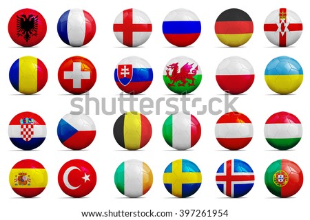 Four Soccer balls with groups team flags, Football Euro cup 2016.  Royalty-Free Stock Photo #397261954