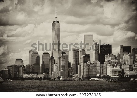 Manhattan midtown view with big skyscrapers, New York City, USA. Skyline panorama. Building tops in financial district. Business black and white background. Vintage, retro postcard with sepia filter.